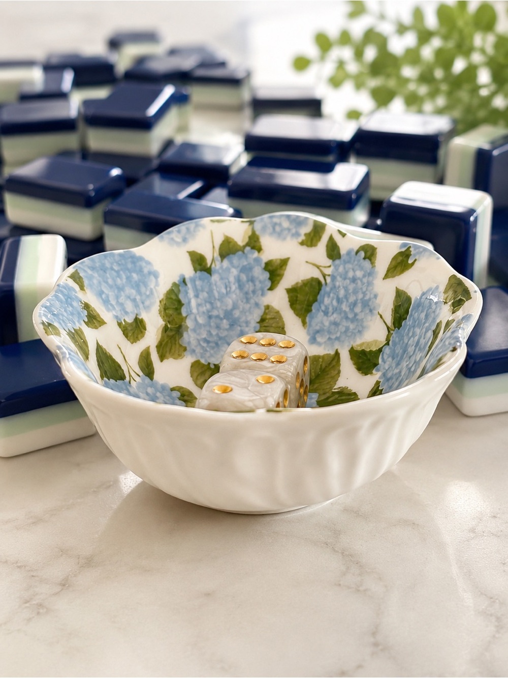 Mahjong Tiles Ceramic Dice Dish Blue Hydrangea trinket ring dish